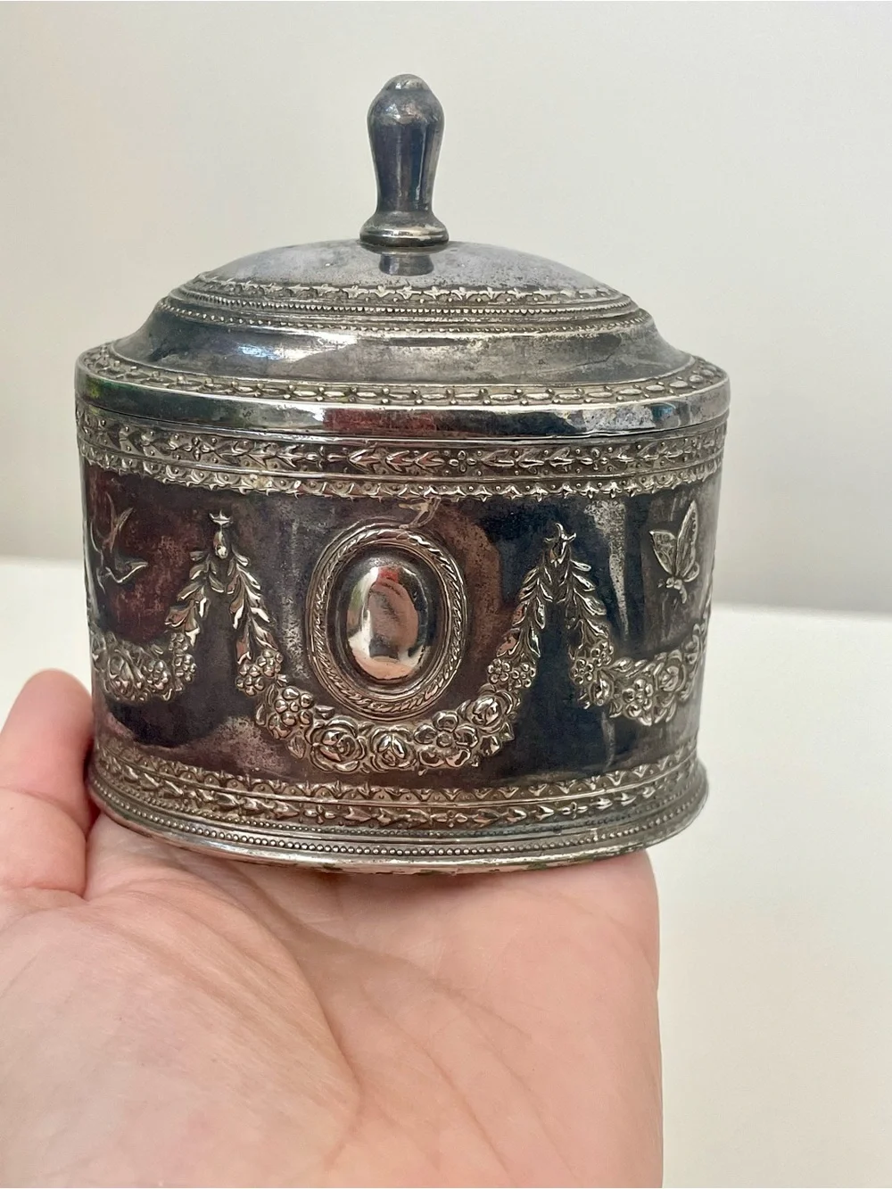 Ornate Silver Plated Trinket Box Oval Hinged Butterfly Floral Swag Vanity Decor